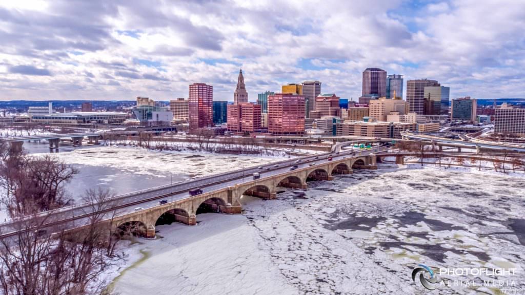 Hartford CT Downtown and River Winter Drone Panorama by Photoflight Aerial Media - Media Asset Ref PAN2017-018