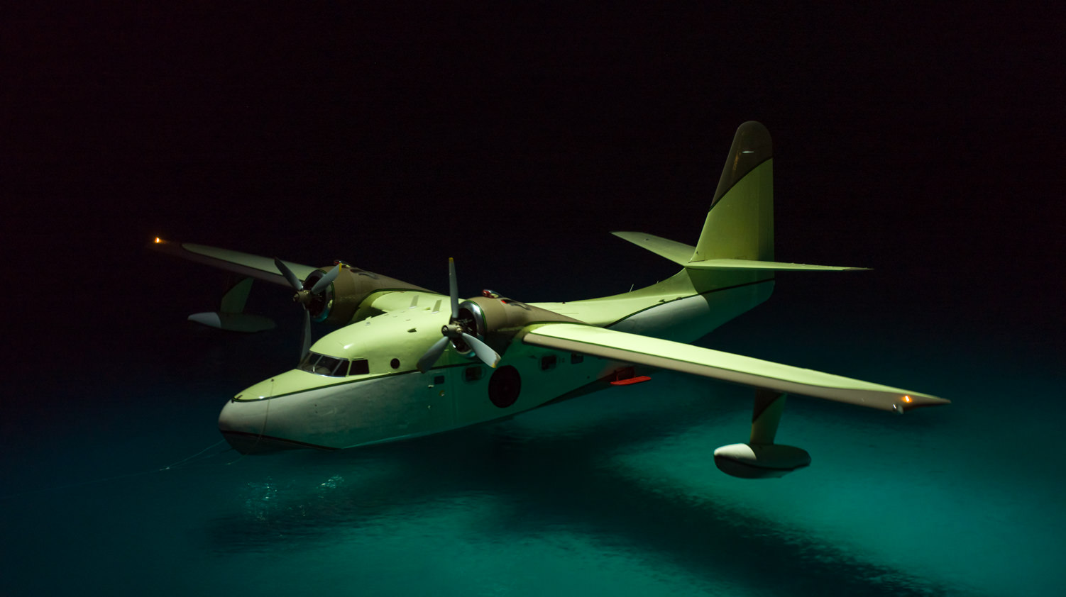 Flying Boat Grumann Albatross at night, drone photography by Photoflight Aerial Media